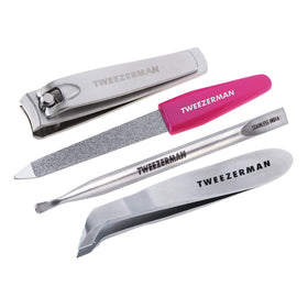 Tweezerman mini nail rescue kit front view showing compact pouch and tools for quick care