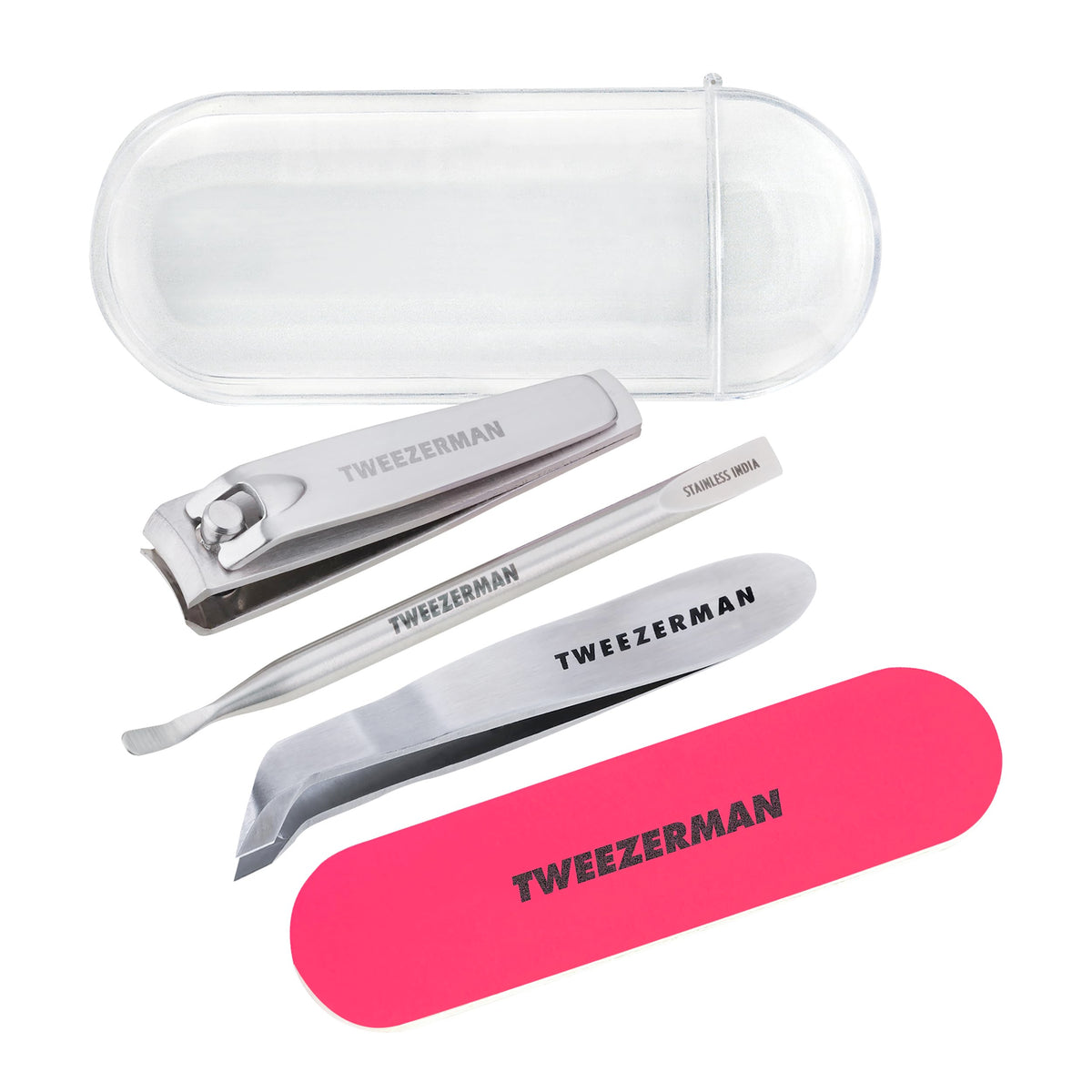 Tweezerman mini neon front open case showing all tools and organized storage benefit