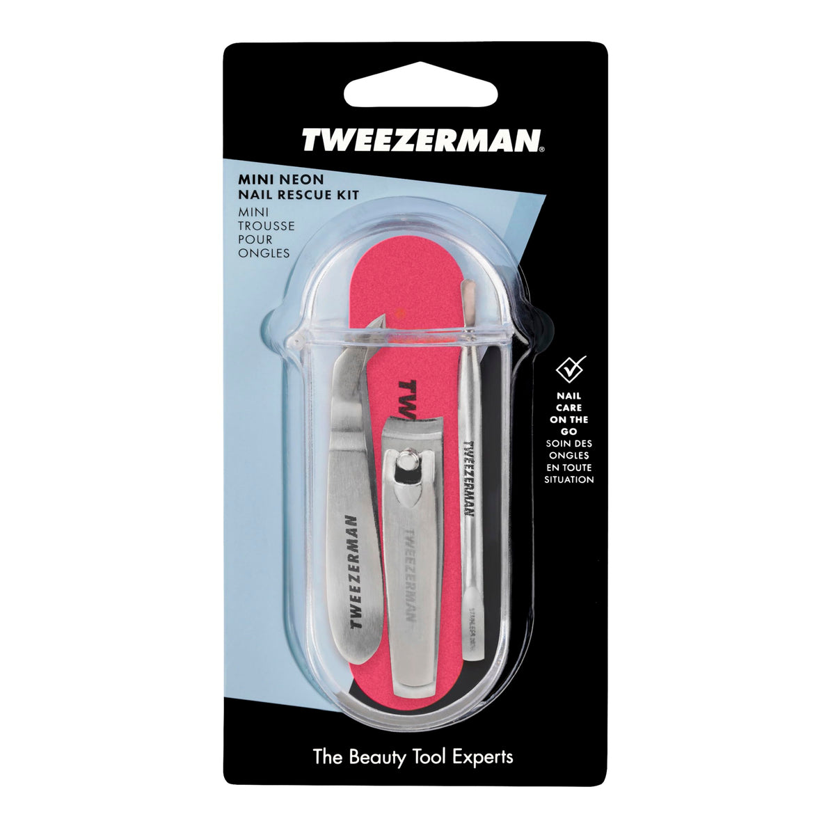 Tweezerman tools held in hand showing compact size and travel convenience