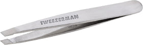 Tweezerman mini slant front view showing compact stainless-steel body and precise slanted tips for accuracy