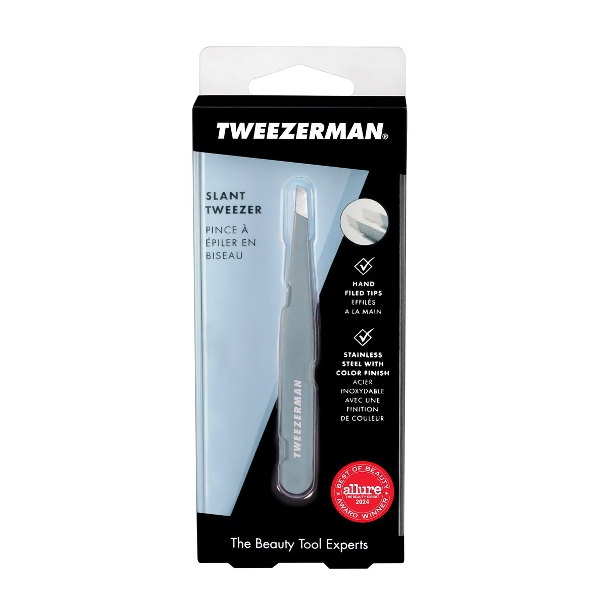 Tweezerman finish detail showing mist blue coating and corrosion-resistant stainless steel benefit