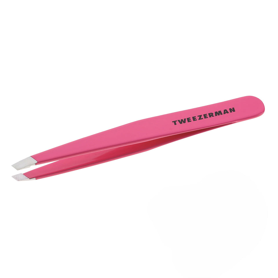 Tweezerman neon pink tweezer front view showing sleek design and easy identification