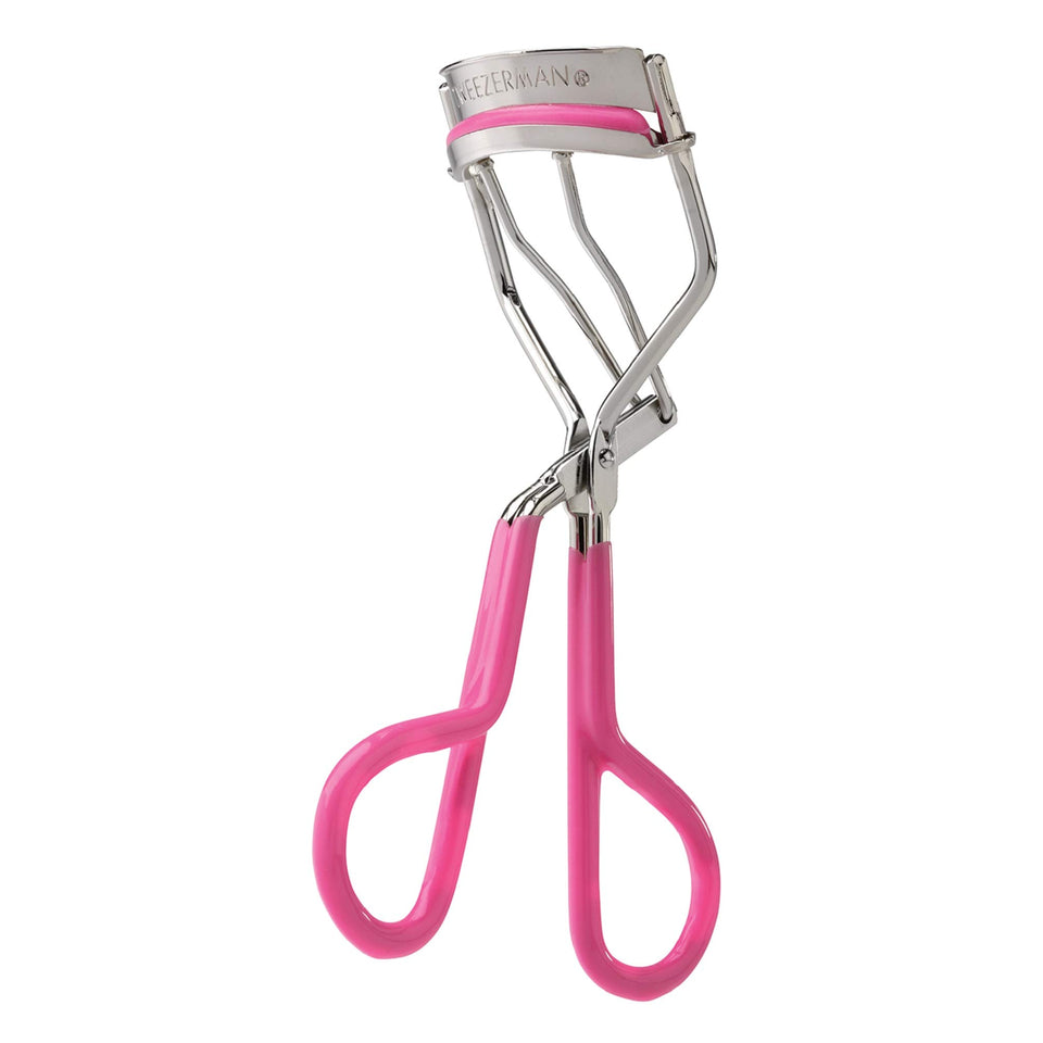 Tweezerman neon pink curler front view showing ergonomic grip and neon finish for easy handling