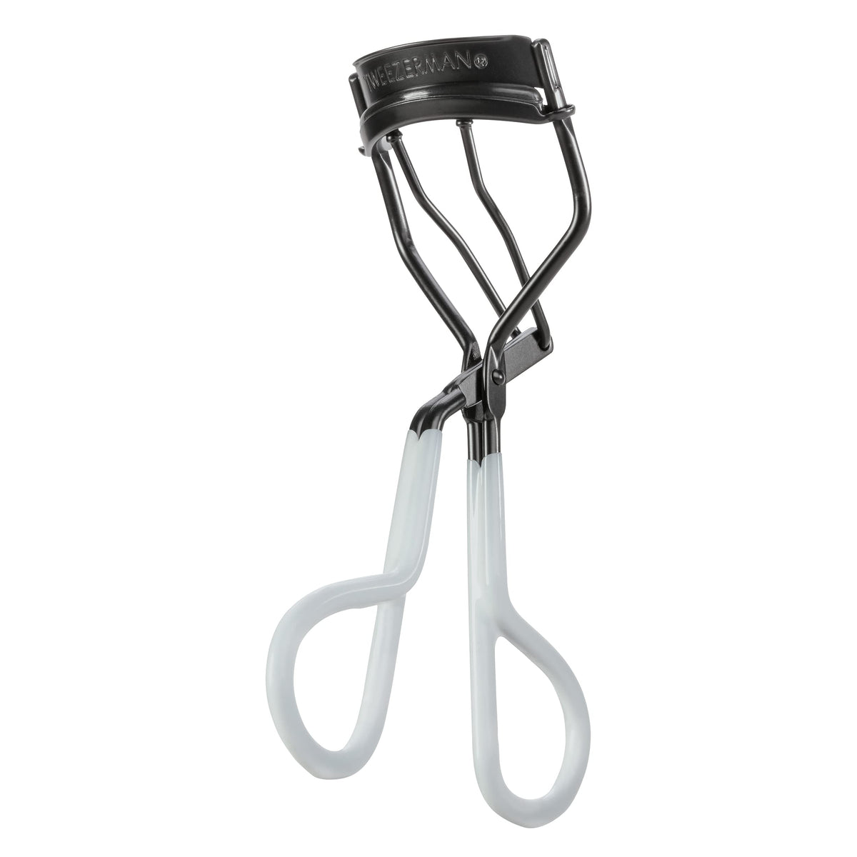 Tweezerman Onyx front-facing curler showing matte black finish and ergonomic grips for precision