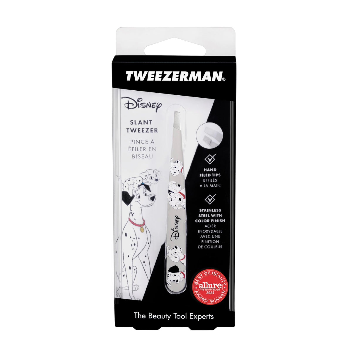 Tweezerman packaging label and Dalmatian artwork highlighting collector finish and product info
