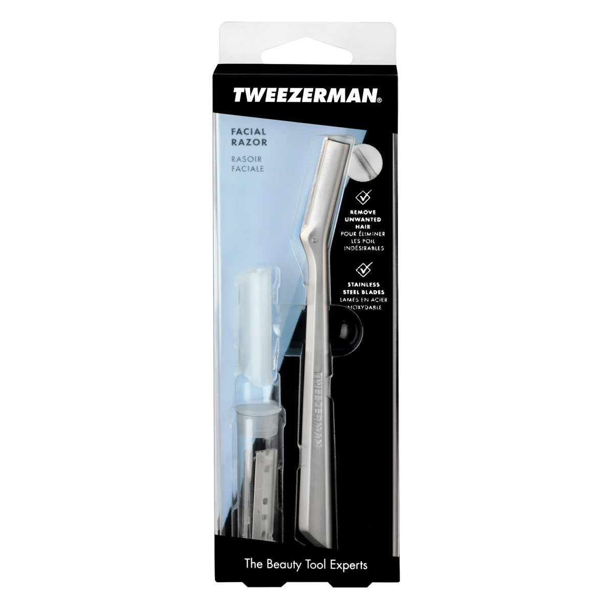 Tweezerman product packaging displayed with three replacement blades included