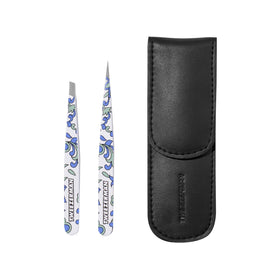 Tweezerman front packaging showing compact tweezer set and travel case for portability