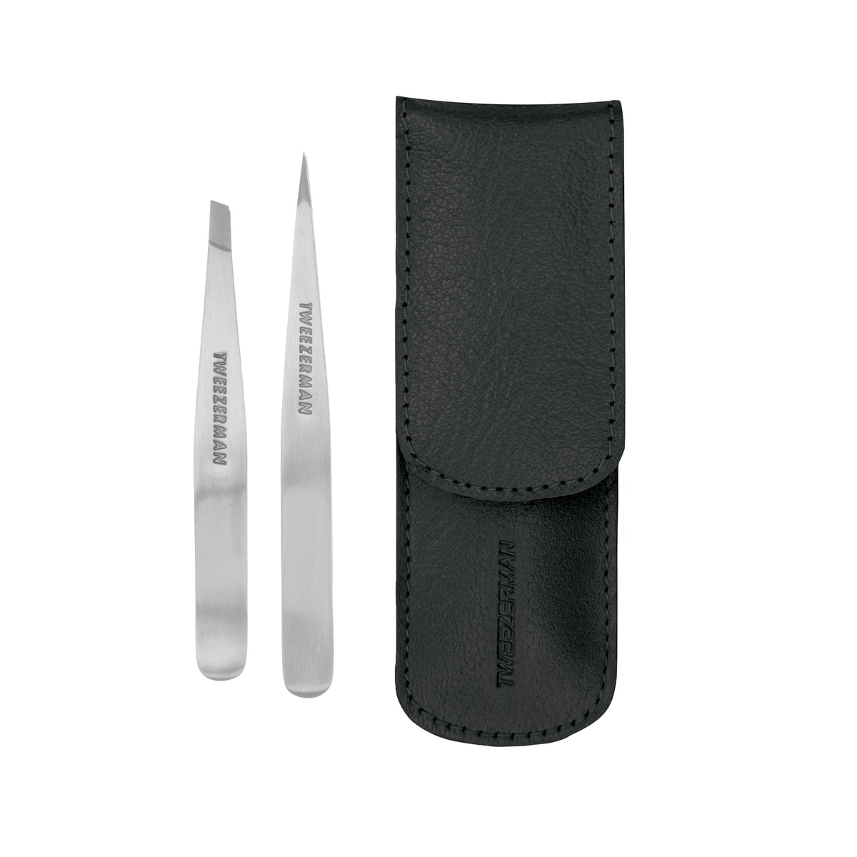 Tweezerman petite set front view showing both tweezers and case for convenient storage and travel