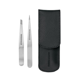 Tweezerman petite set front view showing both tweezers and case for convenient storage and travel