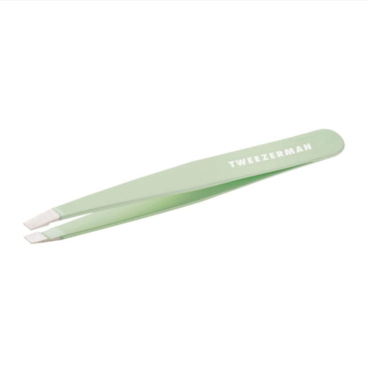 Tweezerman pistachio front view showing sleek tweezer and precise tips for clean shaping