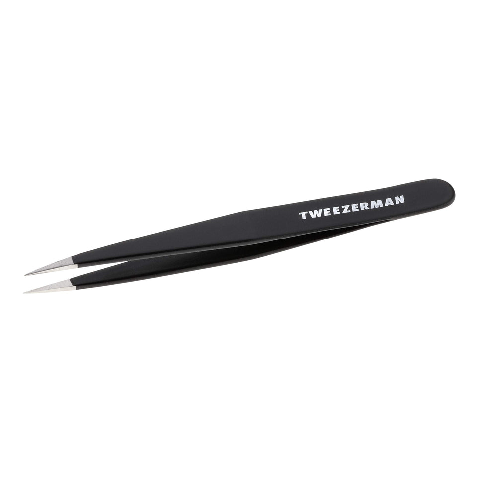 Tweezerman point tweezer front view showing Midnight Sky finish and precise tip for exact shaping