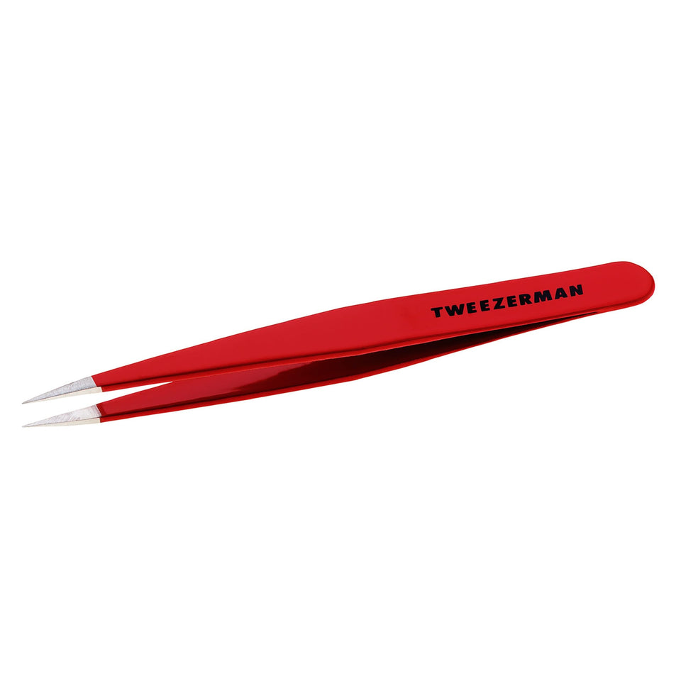 Tweezerman point tweezer front view showing ergonomic shape and signature red finish for better grip