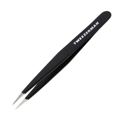 Tweezerman point tweezer front view showing colorful stainless steel handle and precise benefit