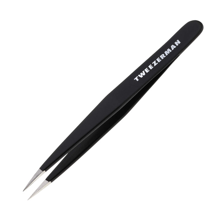 Tweezerman point tweezer front view showing colorful stainless steel handle and precise benefit