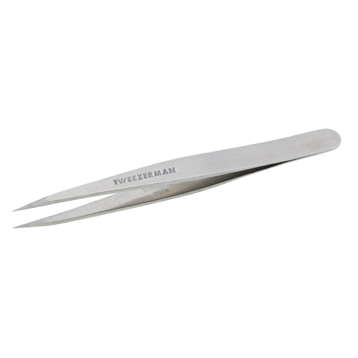 Tweezerman point tweezer front view showing polished stainless steel and precise tips for accuracy