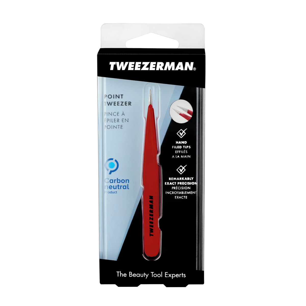 Tweezerman tweezer beside a ruler showing scale for precise control and compact travel size