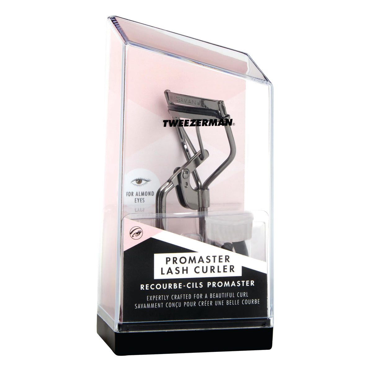 Tweezerman ProMaster in use on an almond-shaped eye lifting lashes without pinching