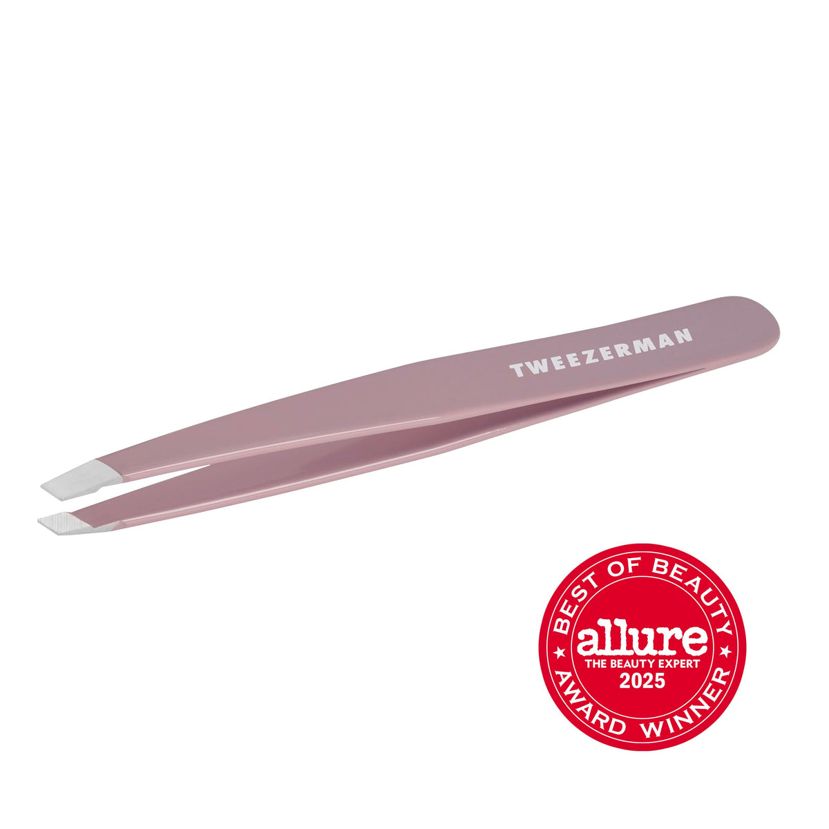 Tweezerman Purple Wisteria slant tip close-up highlighting precise 25° angle