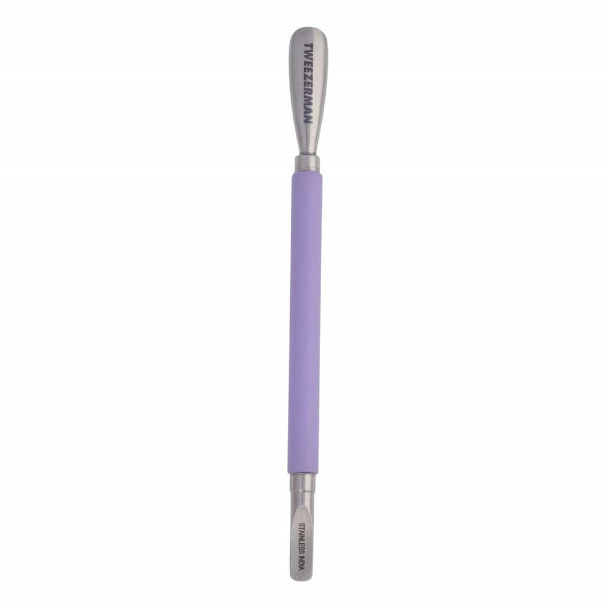 Tweezerman pushy front view showing purple handle and both ends for precise pushing