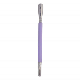 Tweezerman pushy front view showing purple handle and both ends for precise pushing