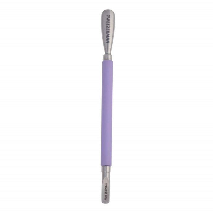 Tweezerman pushy front view showing purple handle and both ends for precise pushing