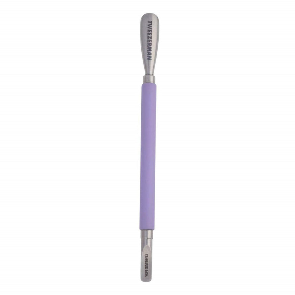Tweezerman pushy front view showing purple handle and both ends for precise pushing