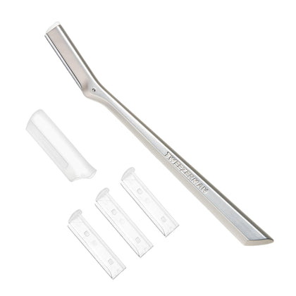 Tweezerman facial razor front view showing ergonomic handle and blade for precise grooming