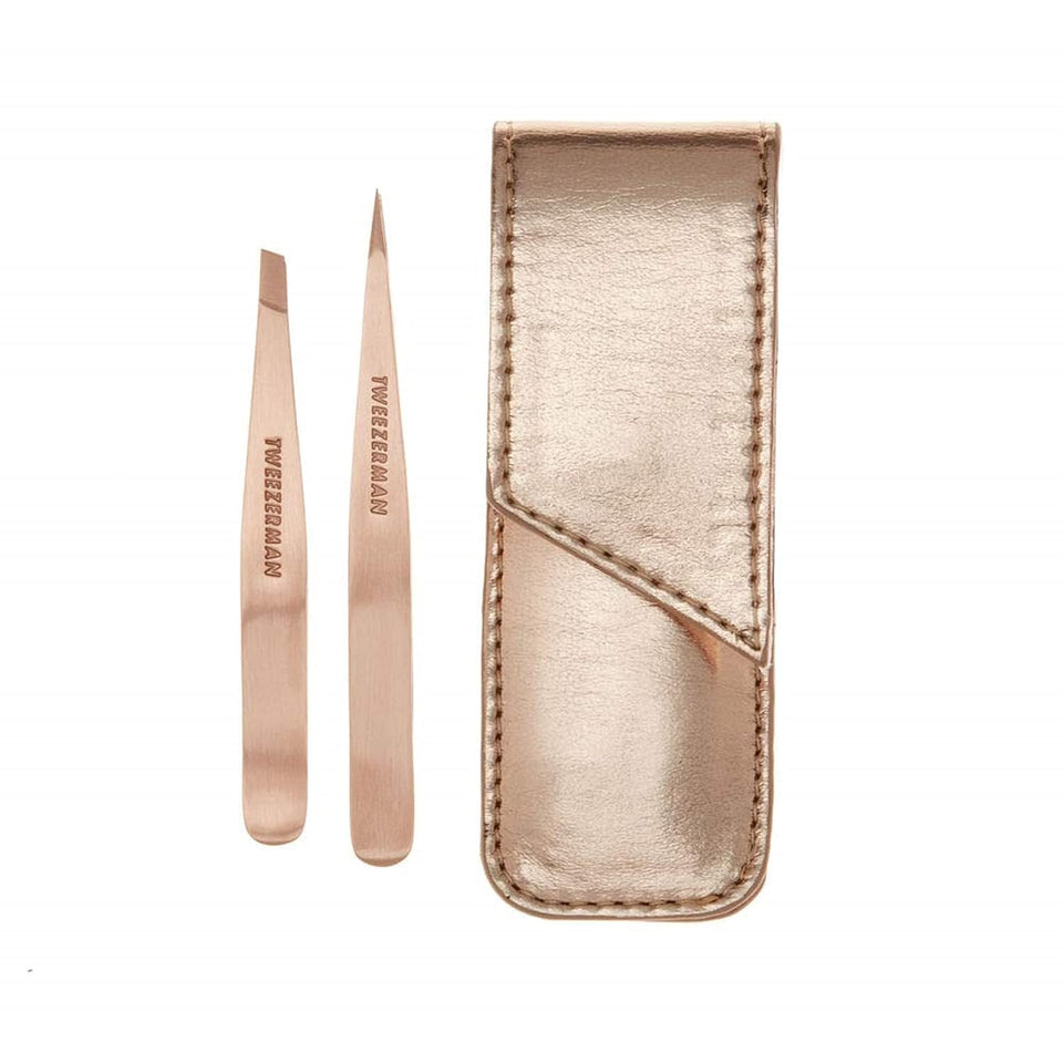 Tweezerman rose gold front packaging showing both petite tweezers and pouch for easy identification