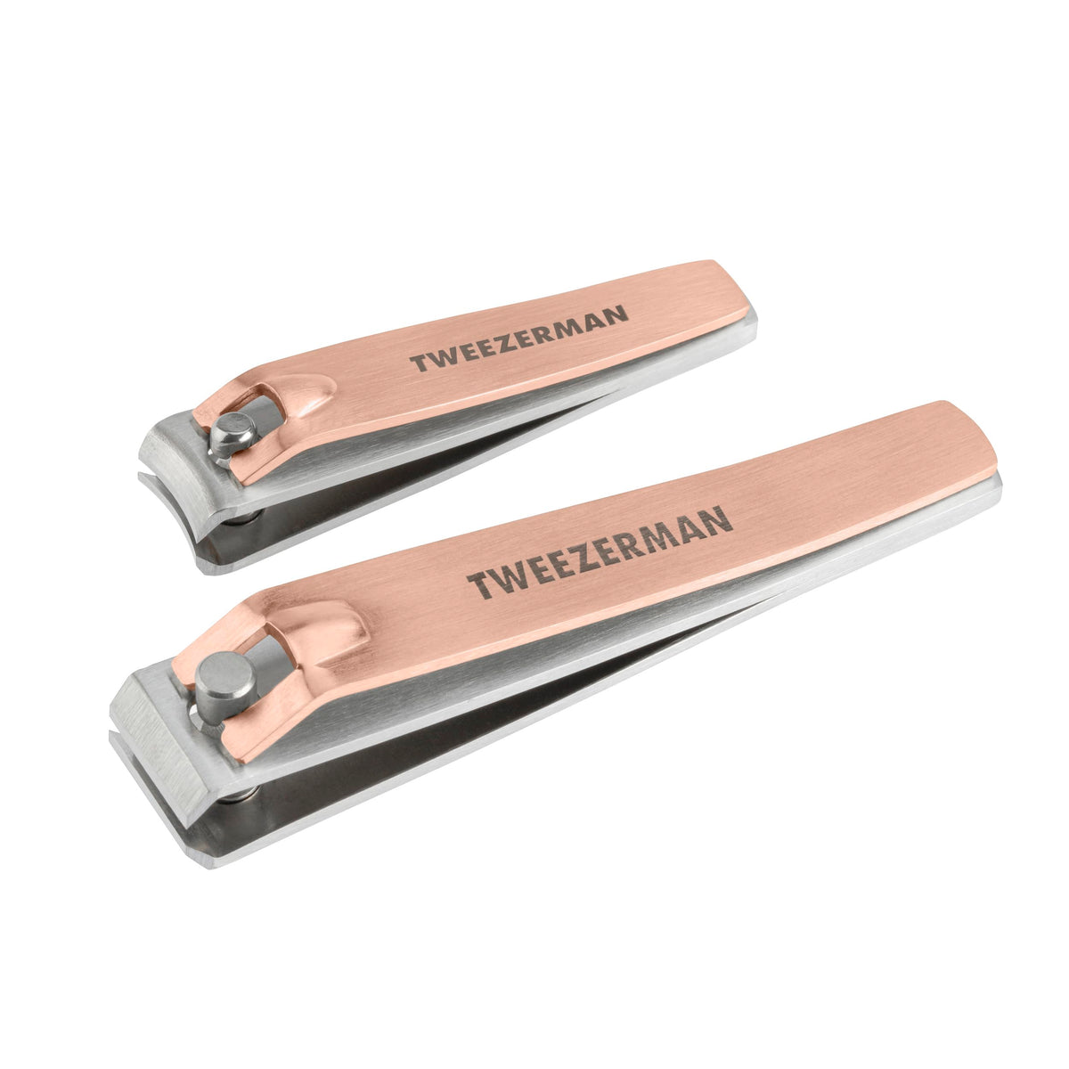 Tweezerman front view showing rose gold clippers and sleek ergonomic shape for precise trimming