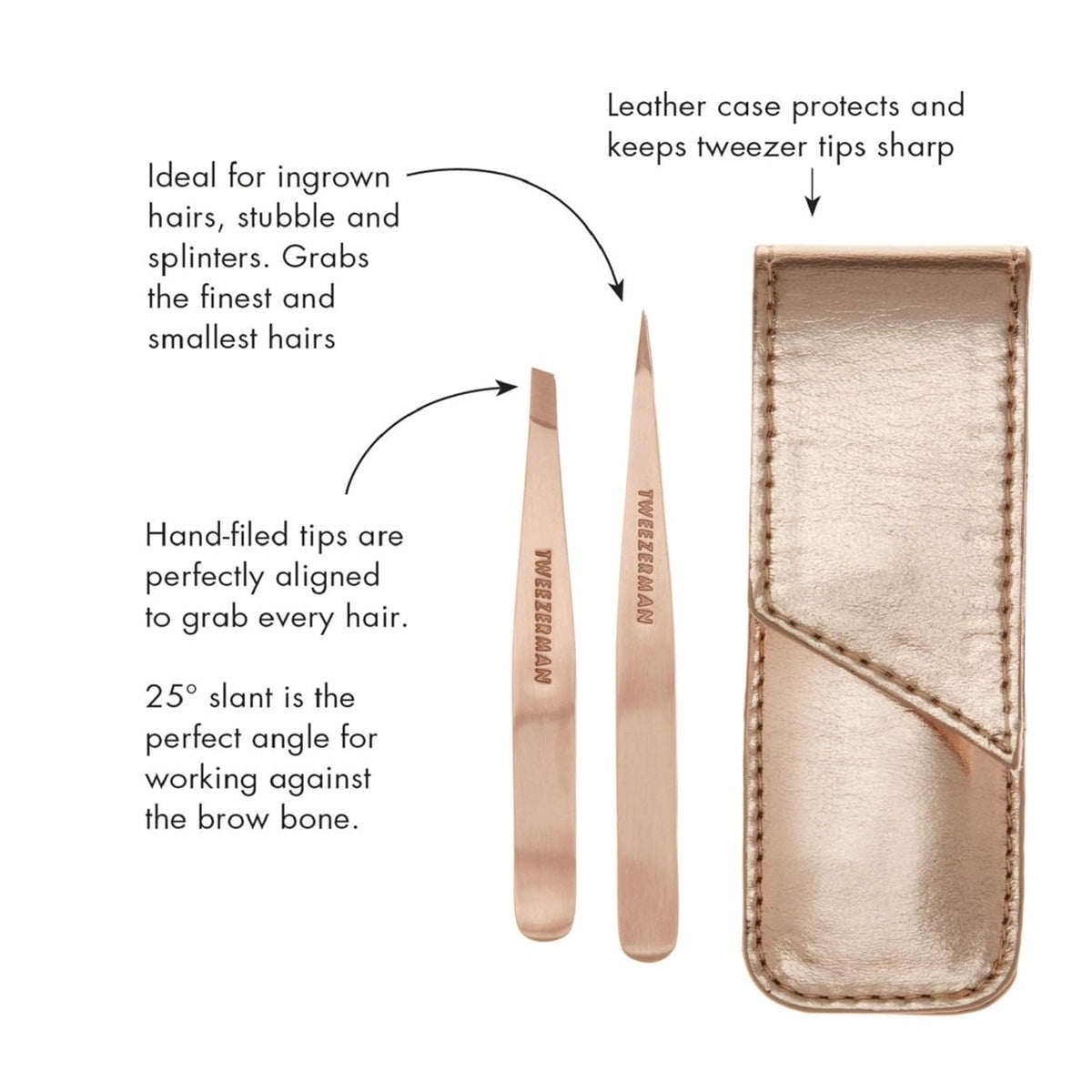 Tweezerman rose gold set on bathroom vanity suggesting stylish, travel-ready grooming convenience