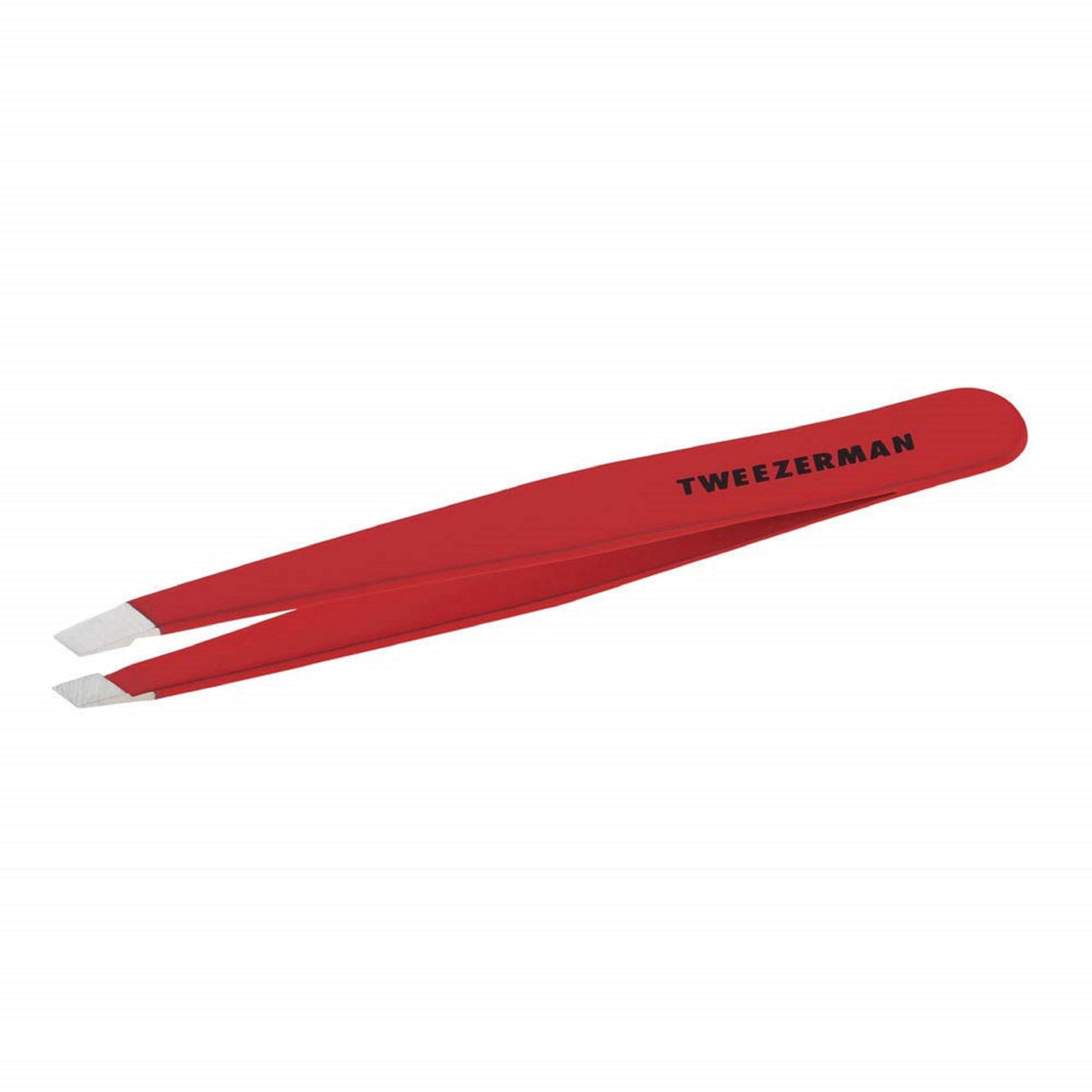 Tweezerman slant tweezer front view in signature red showing precise shape and easy-access benefit