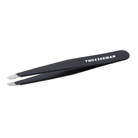 Tweezerman slant tweezer front view showing sleek black body and ergonomic grip for precise control
