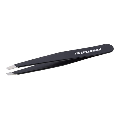Tweezerman slant tweezer front view showing sleek black body and ergonomic grip for precise control