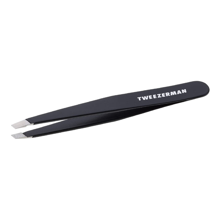 Tweezerman slant tweezer front view showing sleek black body and ergonomic grip for precise control