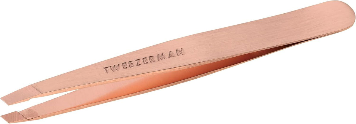 Tweezerman front view showing rose gold tweezer and ergonomic shape for precise shaping