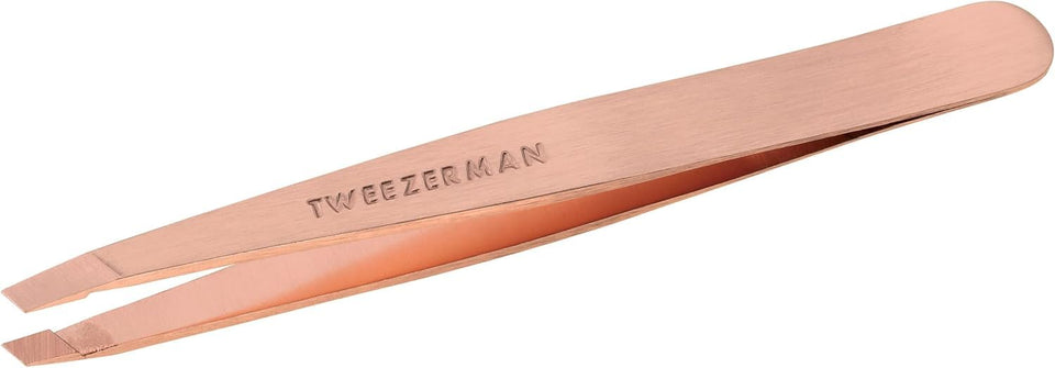 Tweezerman front view showing rose gold tweezer and ergonomic shape for precise shaping