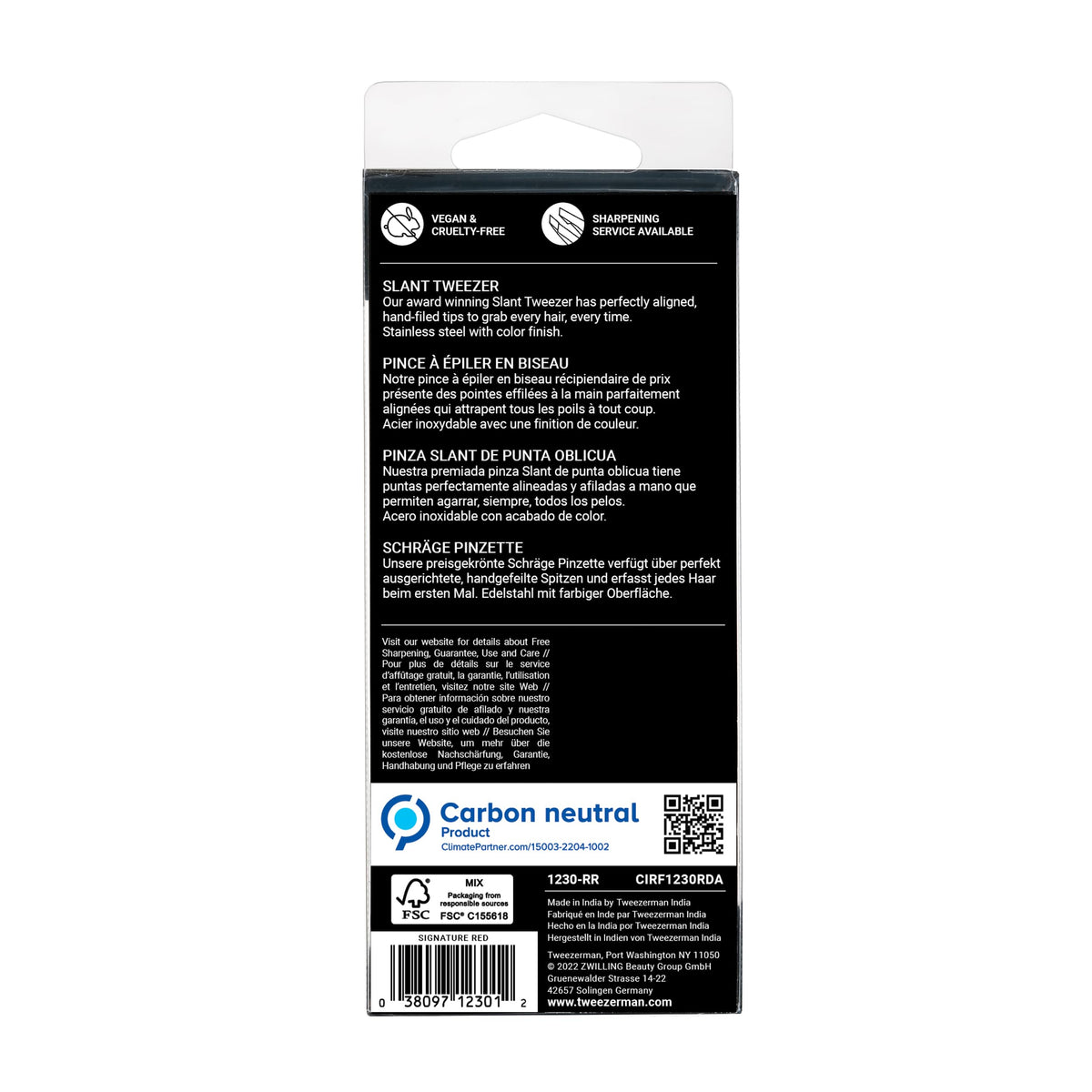 Tweezerman tweezer with protective sleeve and packaging emphasizing safe storage benefit