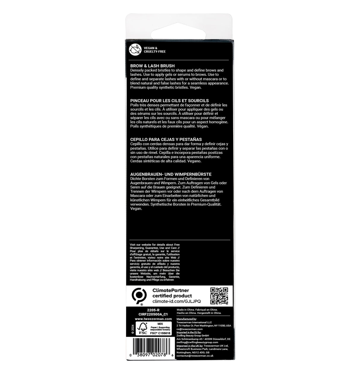 Tweezerman spoolie with packaging showing tool durability and care