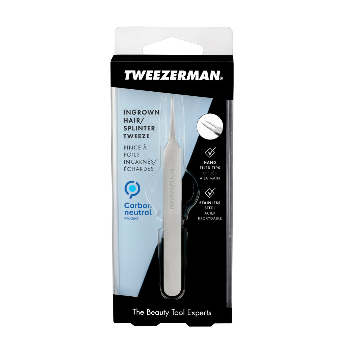 Tweezerman two tweezers shown with sterilization symbol for easy cleaning