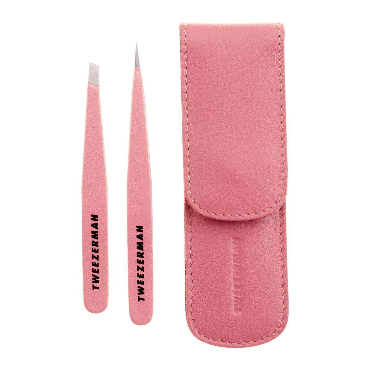 Tweezerman tea rose front view shows compact tweezer duo and exclusive finish