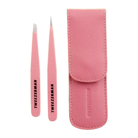 Tweezerman tea rose front view shows compact tweezer duo and exclusive finish