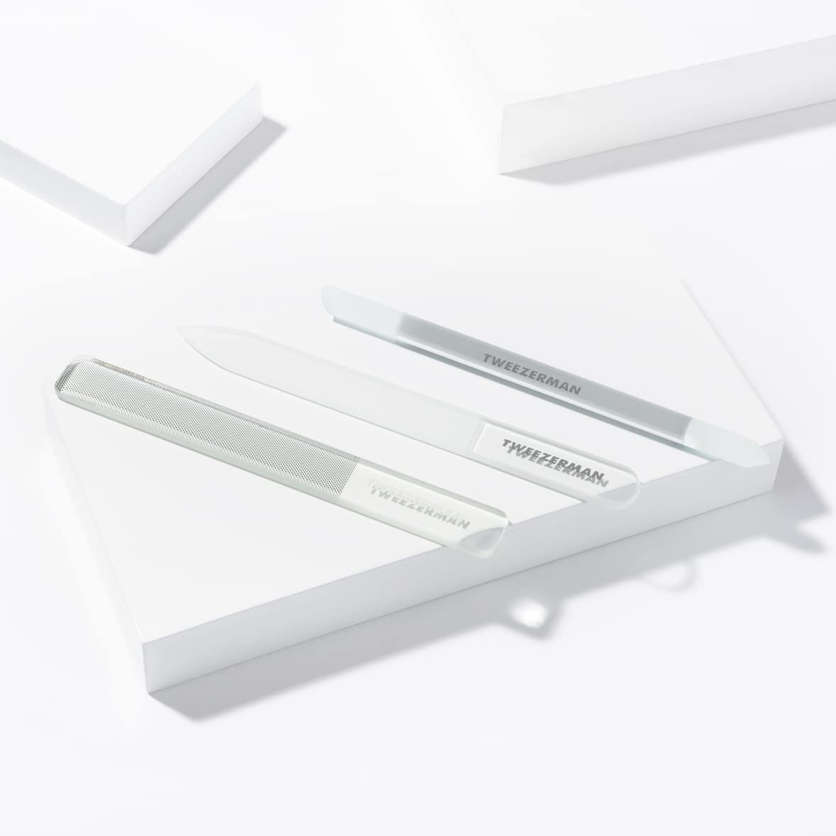 Tweezerman nail tools arranged on vanity conveying tidy routine and quick touch-ups