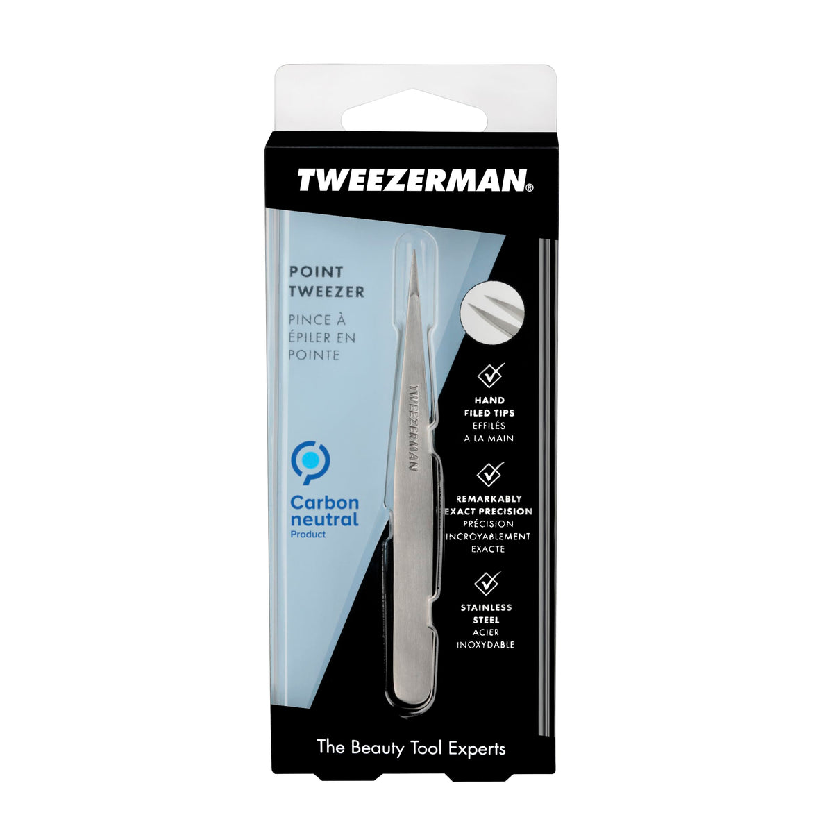 Tweezerman tweezer stored in protective case to keep tips aligned and extend tool life