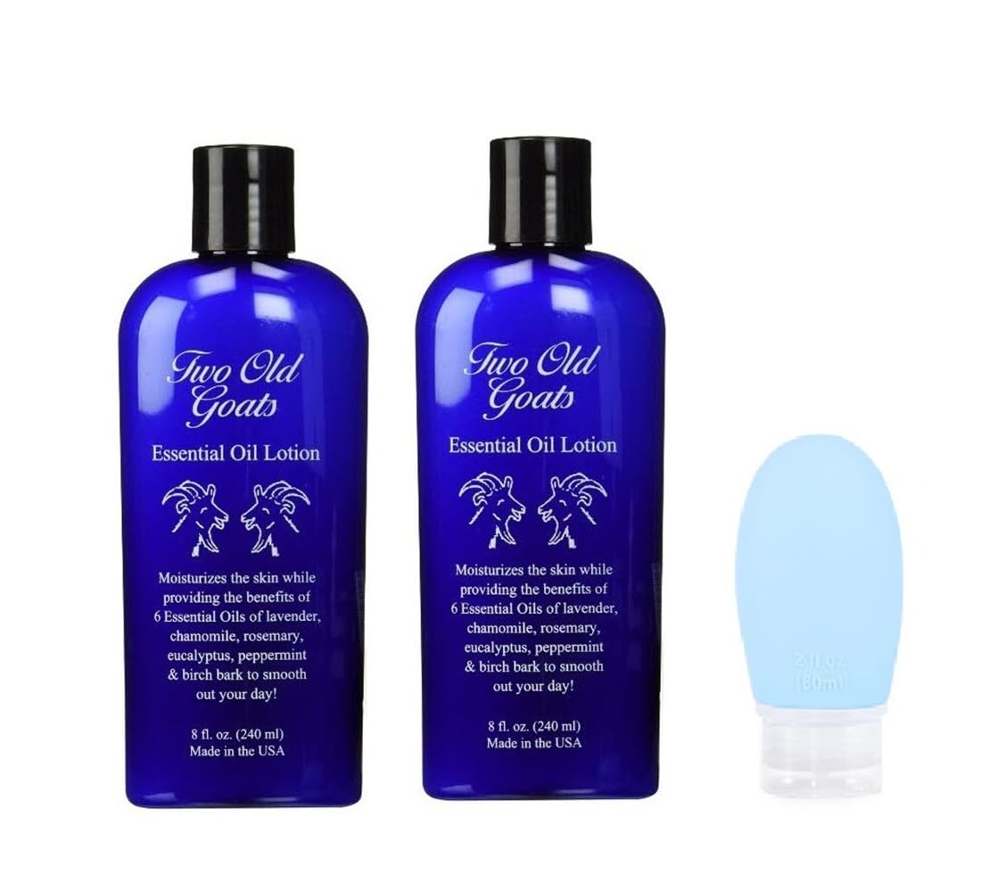 Two Old Goats lotion front packaging with travel pump, shows portable convenience and secure lock