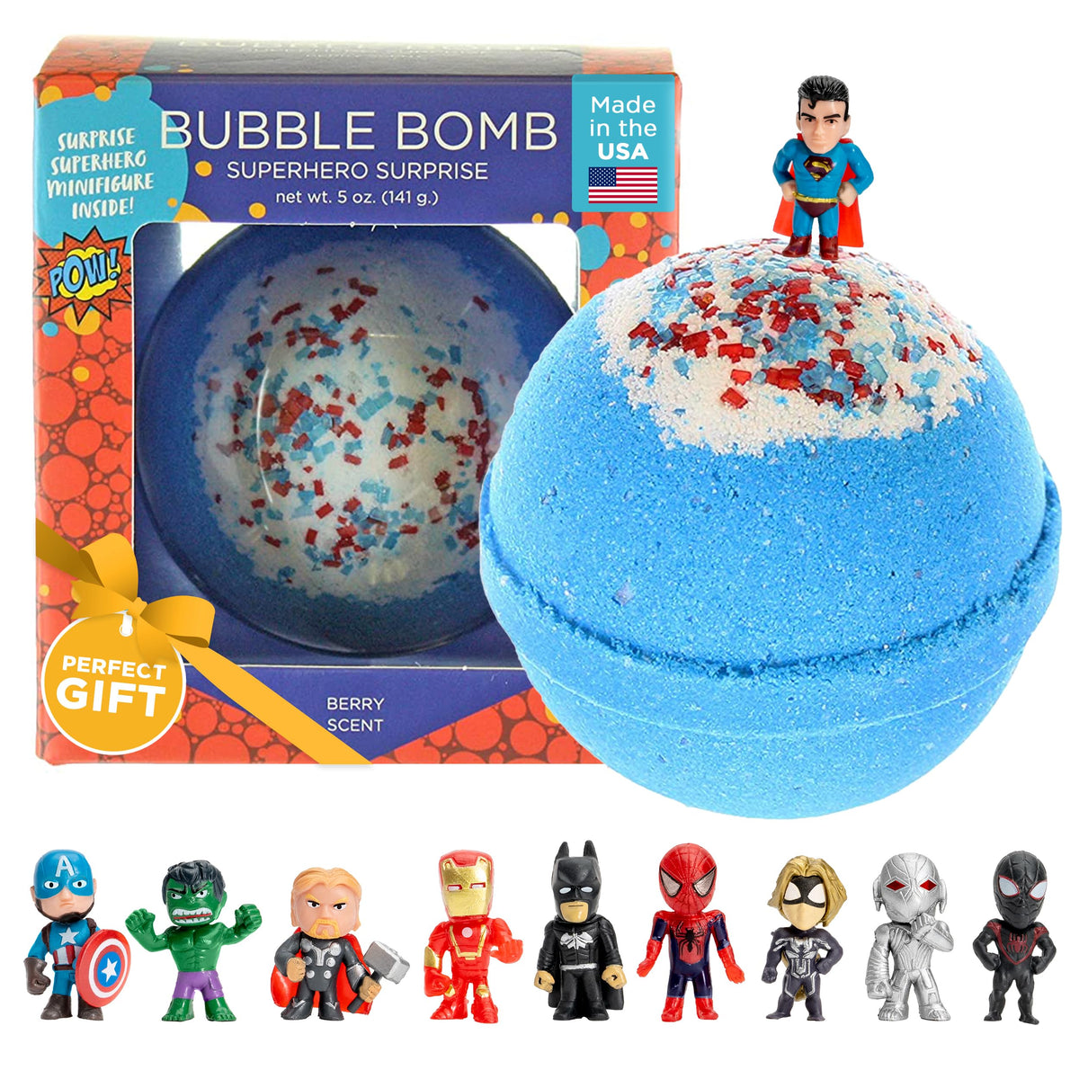 Two Sisters front packaging showing superhero bath bomb and gift-ready box benefit of presentation