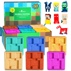 Two Sisters front packaging showing six colorful TNT Creeper bath bombs and branding benefit playful surprise