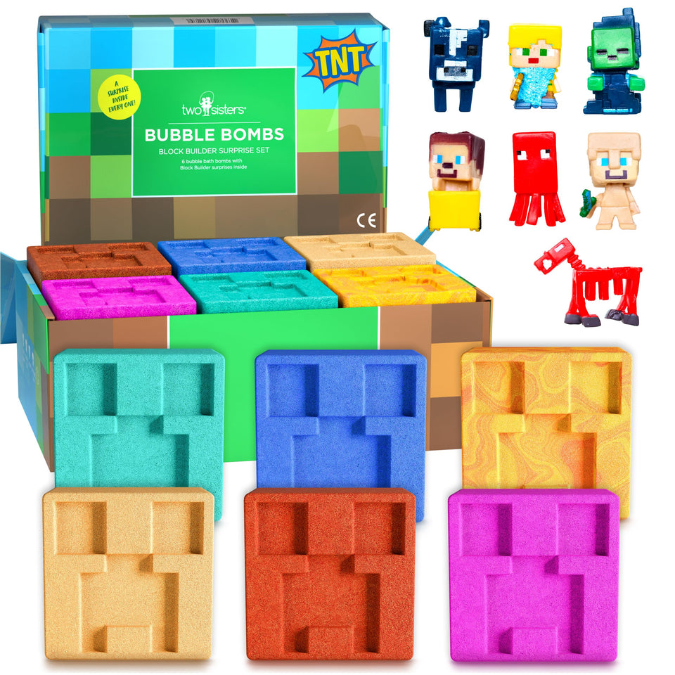 Two Sisters front packaging showing six colorful TNT Creeper bath bombs and branding benefit playful surprise