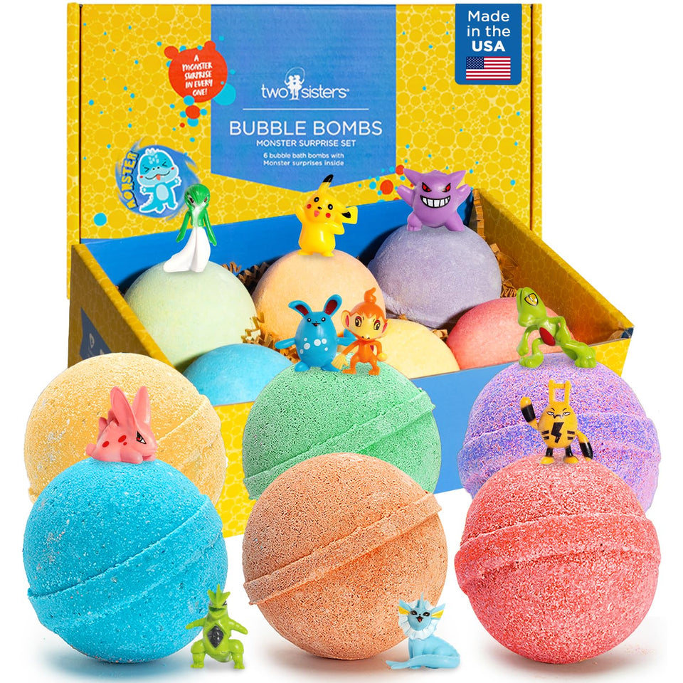 Two Sisters front packaging showing six colorful bath bombs and collectible toys benefit: eye-catching gift-ready box