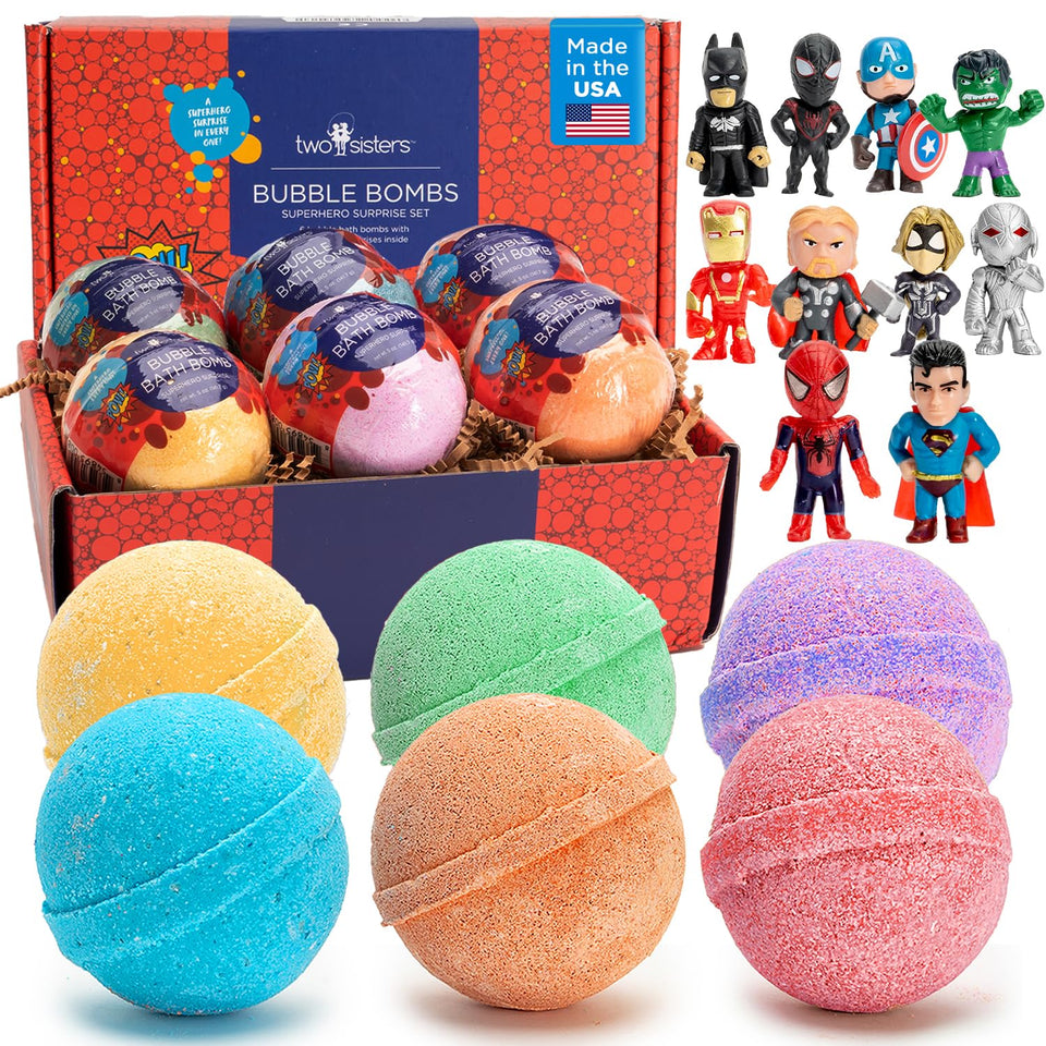 Two Sisters front packaging showing six colorful superhero bath bombs and gift-ready box