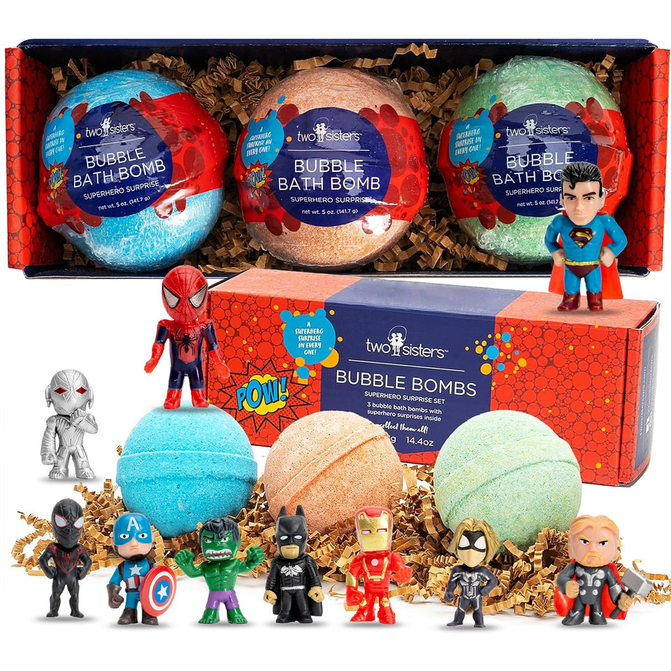 Two Sisters front packaging showing three superhero bath bombs and toy surprise – fun gifting